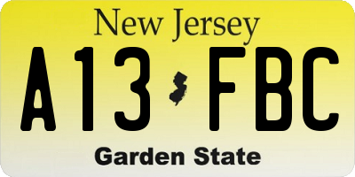NJ license plate A13FBC