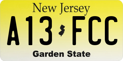 NJ license plate A13FCC