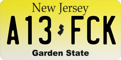 NJ license plate A13FCK