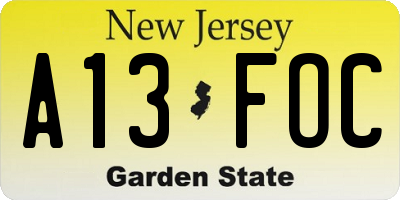 NJ license plate A13FOC
