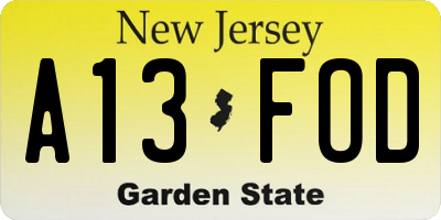 NJ license plate A13FOD