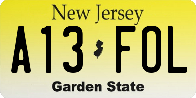 NJ license plate A13FOL