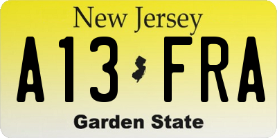 NJ license plate A13FRA
