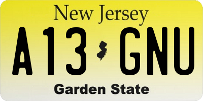 NJ license plate A13GNU