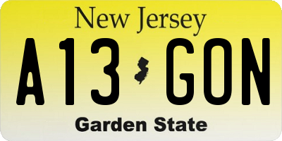 NJ license plate A13GON
