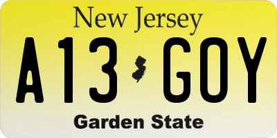 NJ license plate A13GOY
