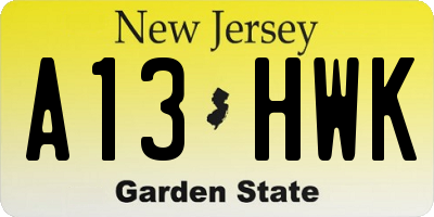 NJ license plate A13HWK