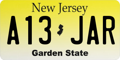 NJ license plate A13JAR