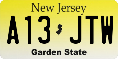 NJ license plate A13JTW