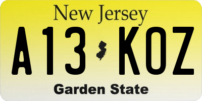 NJ license plate A13KOZ