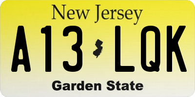 NJ license plate A13LQK