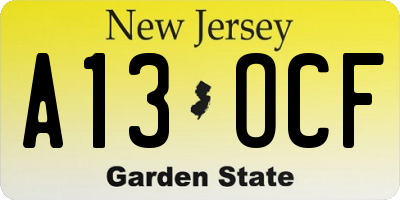 NJ license plate A13OCF
