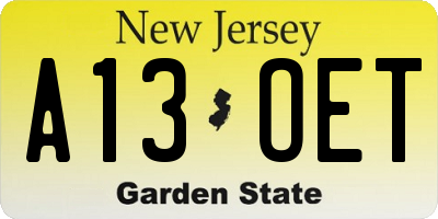 NJ license plate A13OET