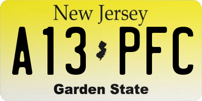 NJ license plate A13PFC