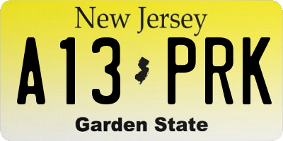 NJ license plate A13PRK