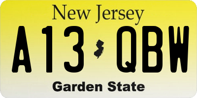 NJ license plate A13QBW