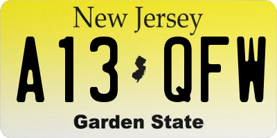 NJ license plate A13QFW