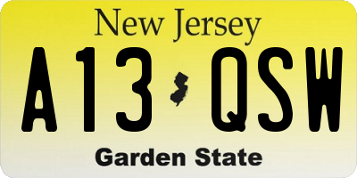 NJ license plate A13QSW