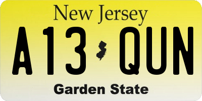 NJ license plate A13QUN