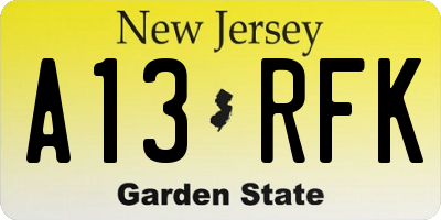 NJ license plate A13RFK