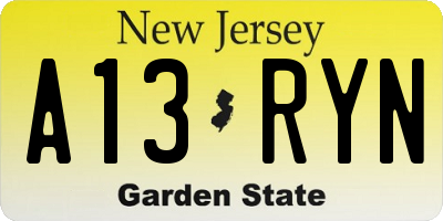 NJ license plate A13RYN