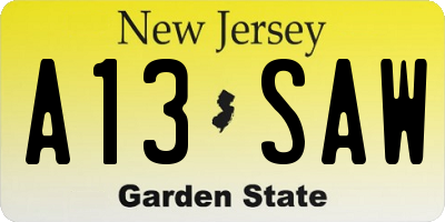 NJ license plate A13SAW