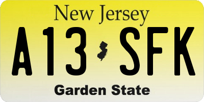 NJ license plate A13SFK