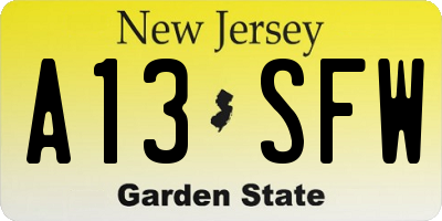 NJ license plate A13SFW