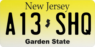 NJ license plate A13SHQ