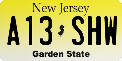 NJ license plate A13SHW
