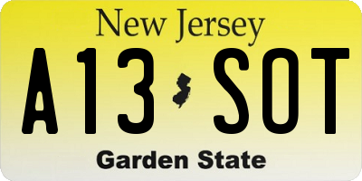 NJ license plate A13SOT