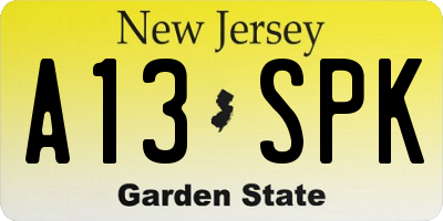 NJ license plate A13SPK