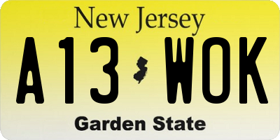 NJ license plate A13WOK