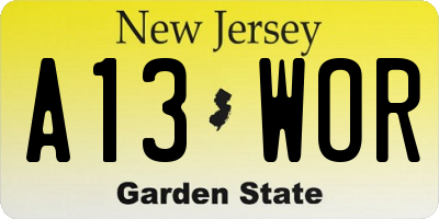 NJ license plate A13WOR