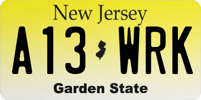 NJ license plate A13WRK