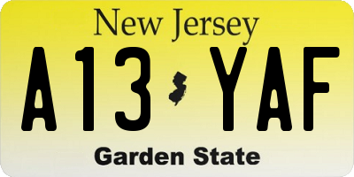 NJ license plate A13YAF