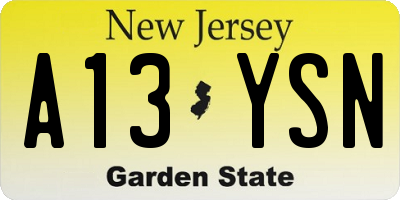 NJ license plate A13YSN