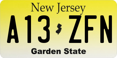 NJ license plate A13ZFN