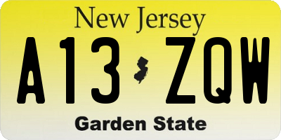 NJ license plate A13ZQW
