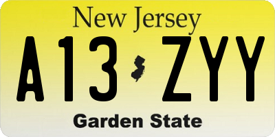NJ license plate A13ZYY