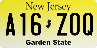 NJ license plate A16ZOQ