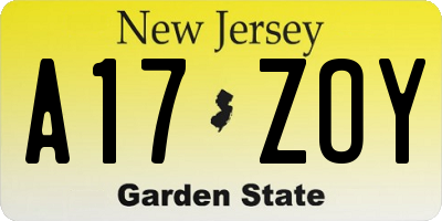 NJ license plate A17ZOY