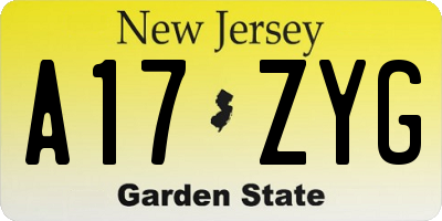 NJ license plate A17ZYG