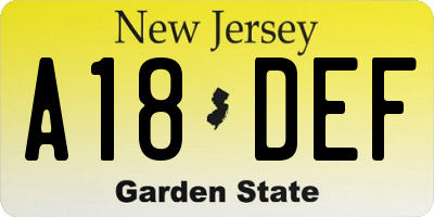 NJ license plate A18DEF