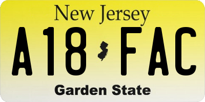 NJ license plate A18FAC