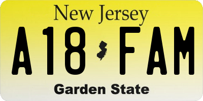 NJ license plate A18FAM