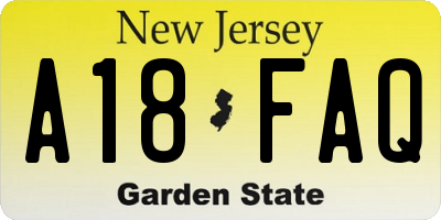 NJ license plate A18FAQ