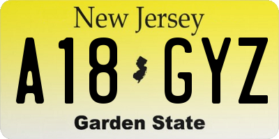 NJ license plate A18GYZ