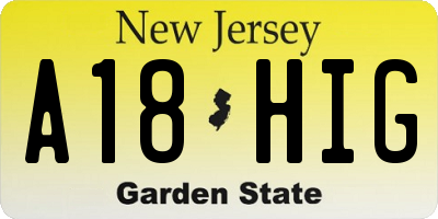 NJ license plate A18HIG
