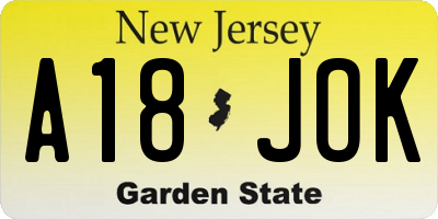 NJ license plate A18JOK